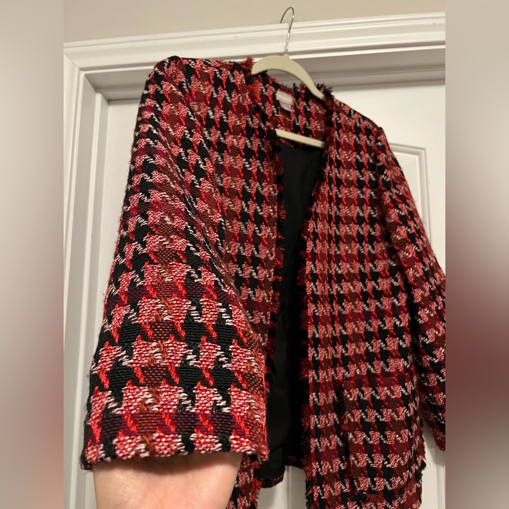 Chico’s Red Black Tweed Houndstooth Fringe Jacket Blazer 1P Office Wear Holiday - Picture 8 of 12